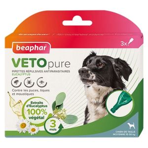 3 Pipettes répulsives antiparasitaires à l'Eucalyptus pour chien 15-30Kg