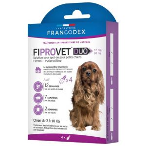 Traitement Spot-On Fiprovet Duo pour Chien de 2 à 10kg- 4x0,5ml