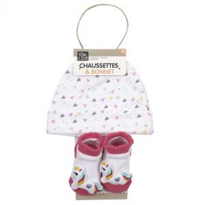 Kit de naissance chaussettes+bonnet licorne 0-6 mois