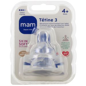 Tétines plates débit 3 rapide silicone 4 mois+ x2