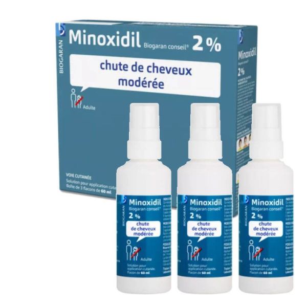 Minoxidil 2% Solution Chute de Cheveux Modérée 3 flacons 60 ml