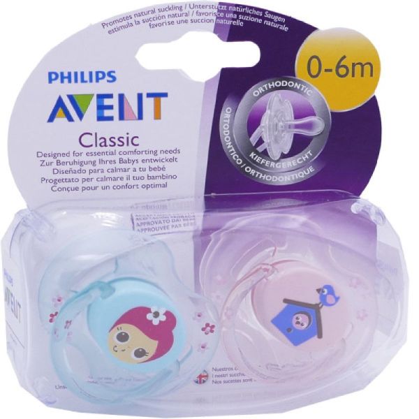 2 Sucettes classic filles motifs Fée/oiseaux ,0-6mois