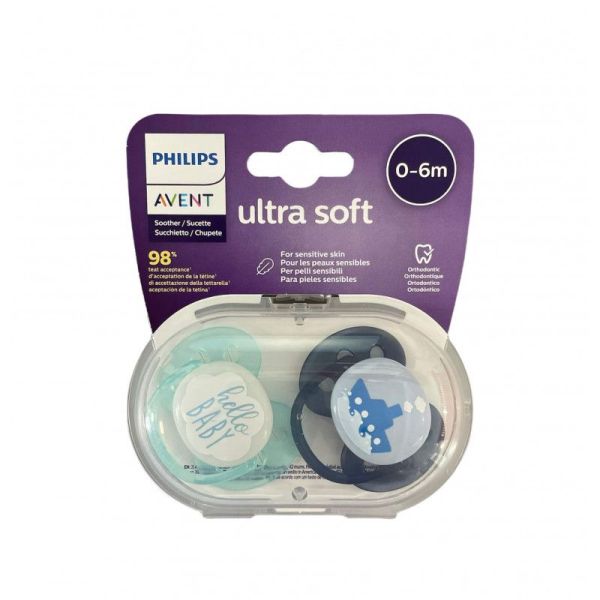 2 sucettes ultra soft 0-6 mois boy hello baby/bateau
