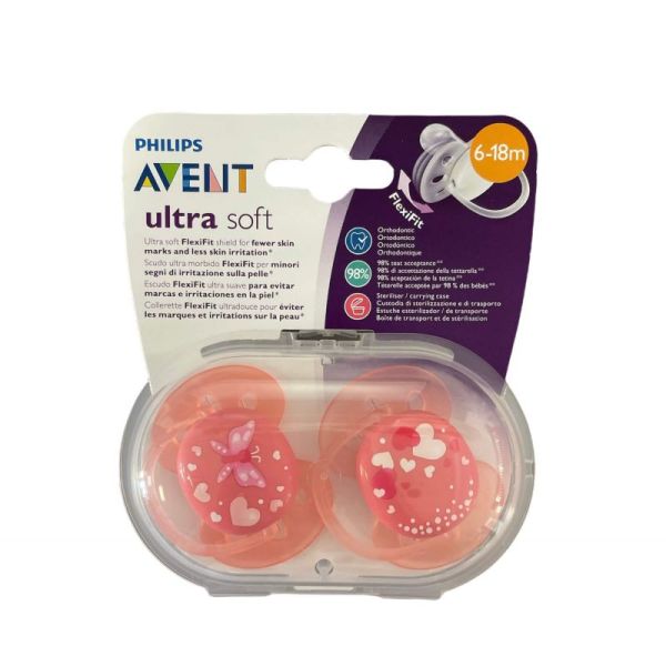 2 sucettes ultra soft girl 6-18 mois coeur/papillon