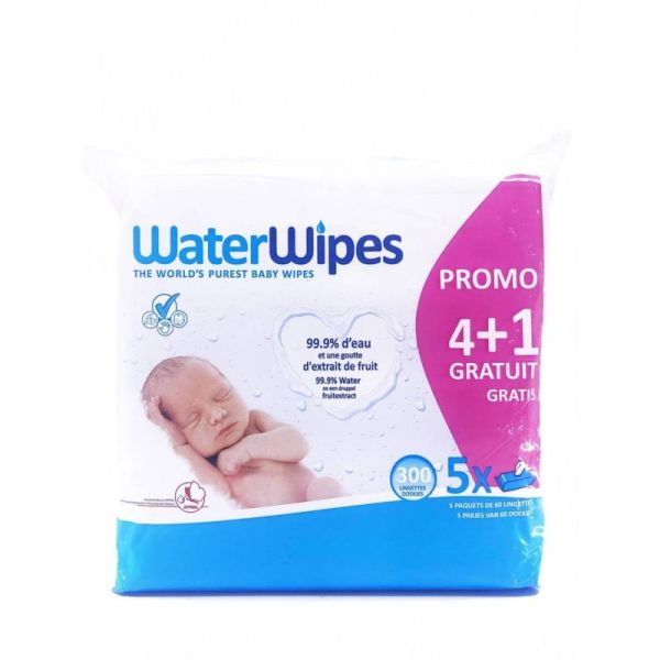 Lingettes à l'eau de WaterWipes - Change bébé - 4 x 60 lingettes + 1 Offert